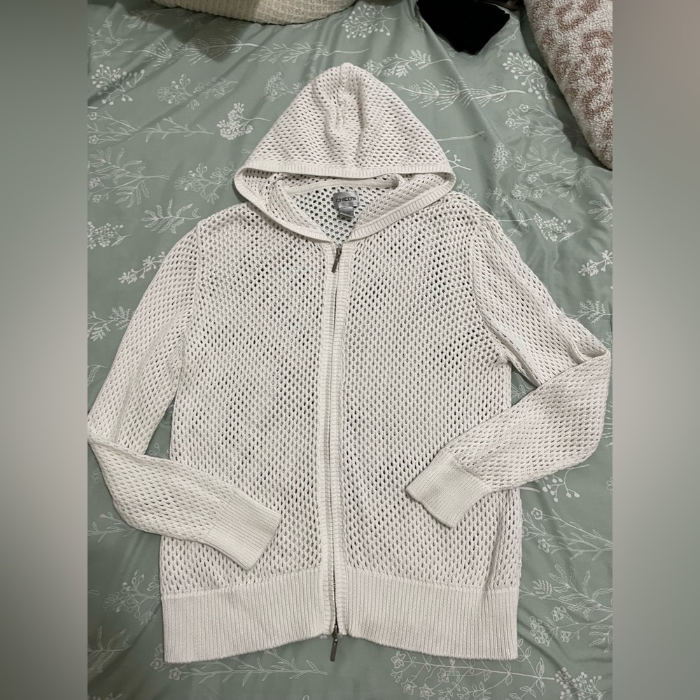 Chico's Open Knit Hooded Zip Jacket Cardigan Sweater Sz 2 = 8-10 M Cotton White - Picture 5 of 5